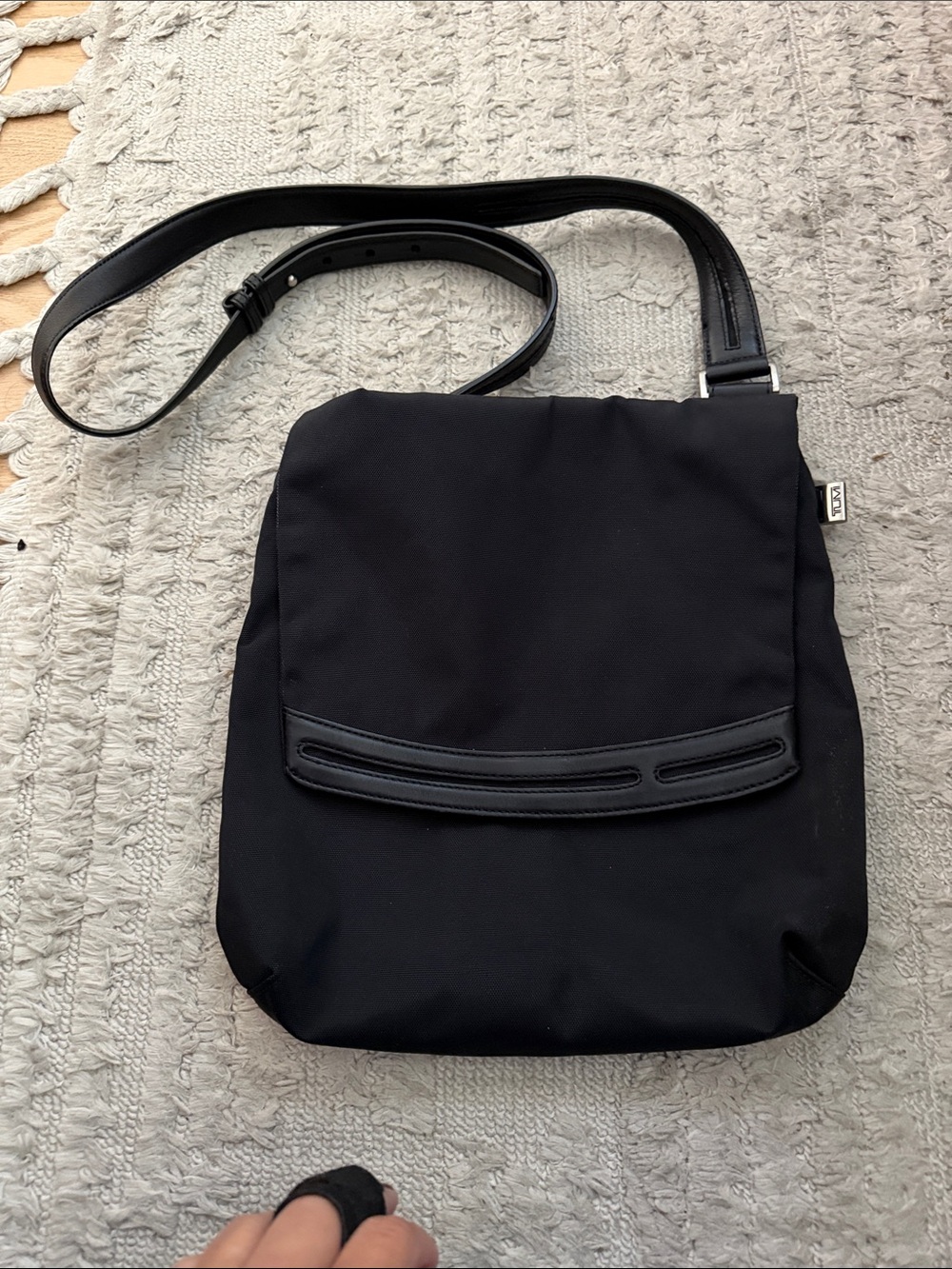 Tumi Ballistic black leather and nylon crossbody flap purse